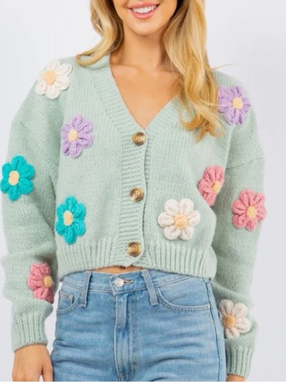 Luna Ivy Mint Floral Crocheted Cropped Button Cardigan